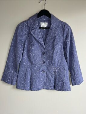 Live A Little Embroidered Blazer Jacket Purple Floral Lightweight Cotton Stretch